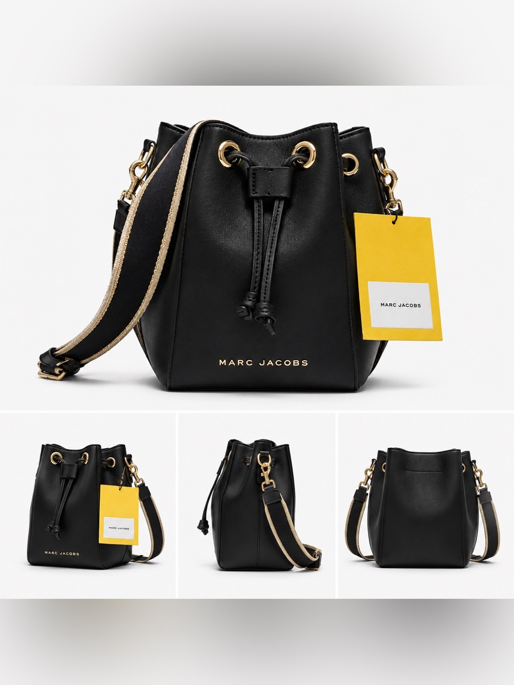 Marc Jacobs Black Leather Drawstring Crossbody with Gold Hardware